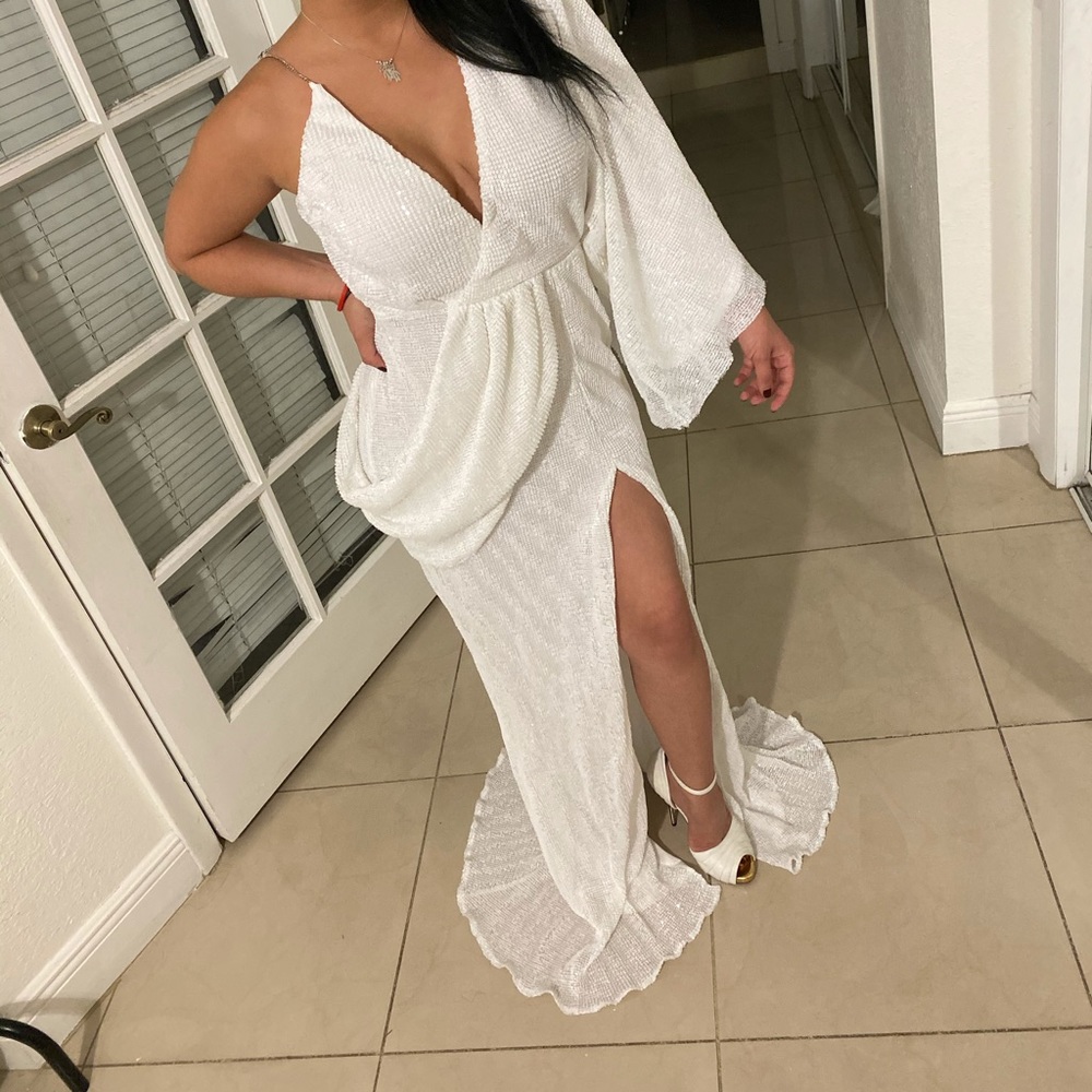 White Sequin Slit Dress